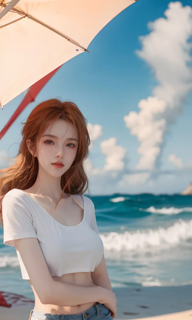 红发美女手机壁纸｜海边背景图 - 夏日沙滩度假「哲风壁纸」