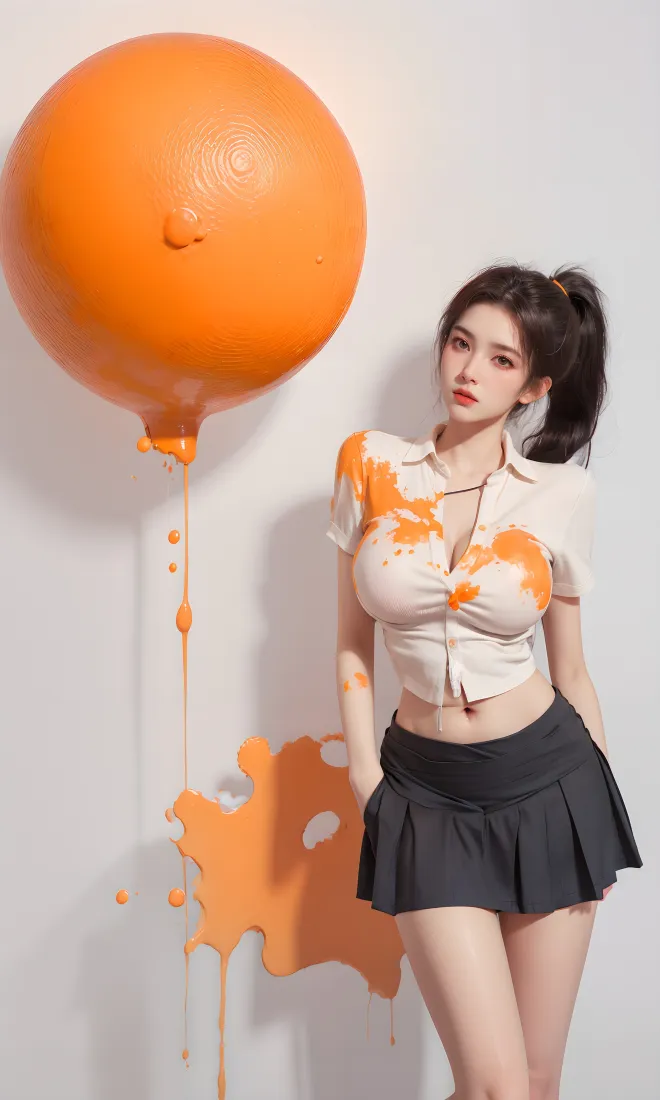 美女手机壁纸｜白色背景 - 橙色气球黑色短裙「哲风壁纸」