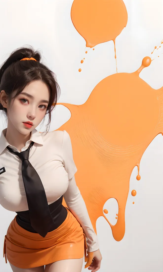 橙裙美女手机壁纸｜橙色泼墨背景 - 职场风穿搭「哲风壁纸」