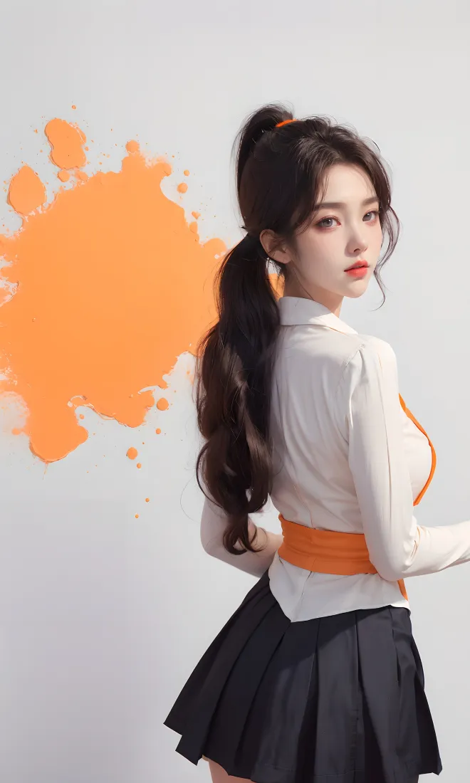 高马尾女生手机壁纸｜橙色背景图片 - 时尚校园风「哲风壁纸」