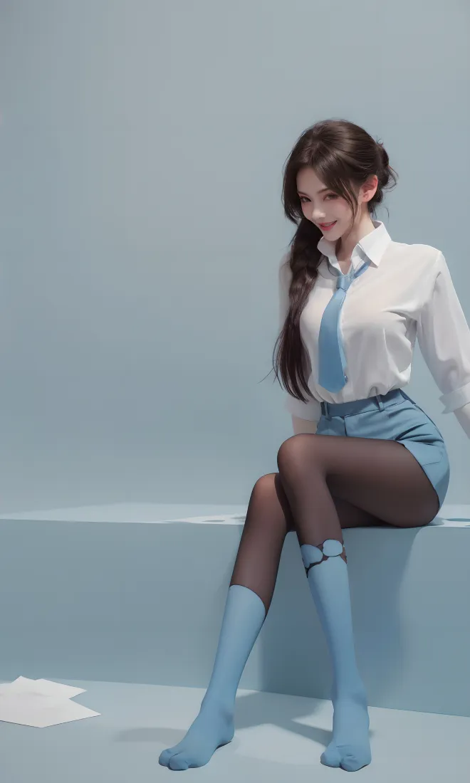 职场风美女手机壁纸｜浅蓝色背景图片 - 白衬衫蓝领带黑丝「哲风壁纸」