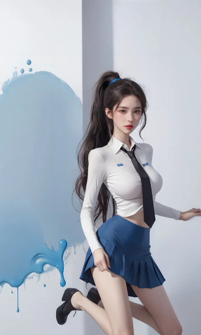 长发女生手机壁纸｜蓝色泼墨背景图片 - 白衬衫短裙「哲风壁纸」