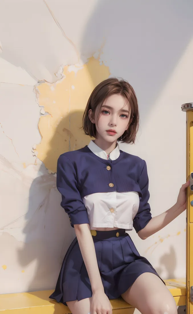 短发女生手机壁纸｜蓝白上衣背景图片 - 深蓝短裙「哲风壁纸」