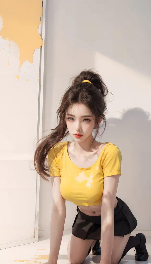 黄衣女生手机壁纸｜室内背景图片 - 黑色短裙「哲风壁纸」