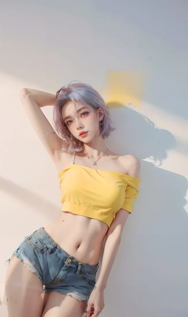 紫发美女手机壁纸｜黄色上衣背景图片 - 性感牛仔短裤「哲风壁纸」