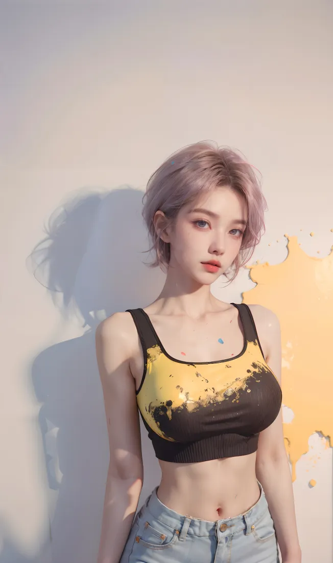 粉紫短发女生手机壁纸｜黄黑背心背景图片 - 牛仔短裤「哲风壁纸」