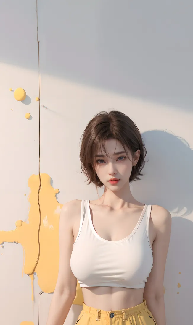 短发美女手机壁纸｜黄色涂鸦背景图片 - 白色背心穿搭「哲风壁纸」