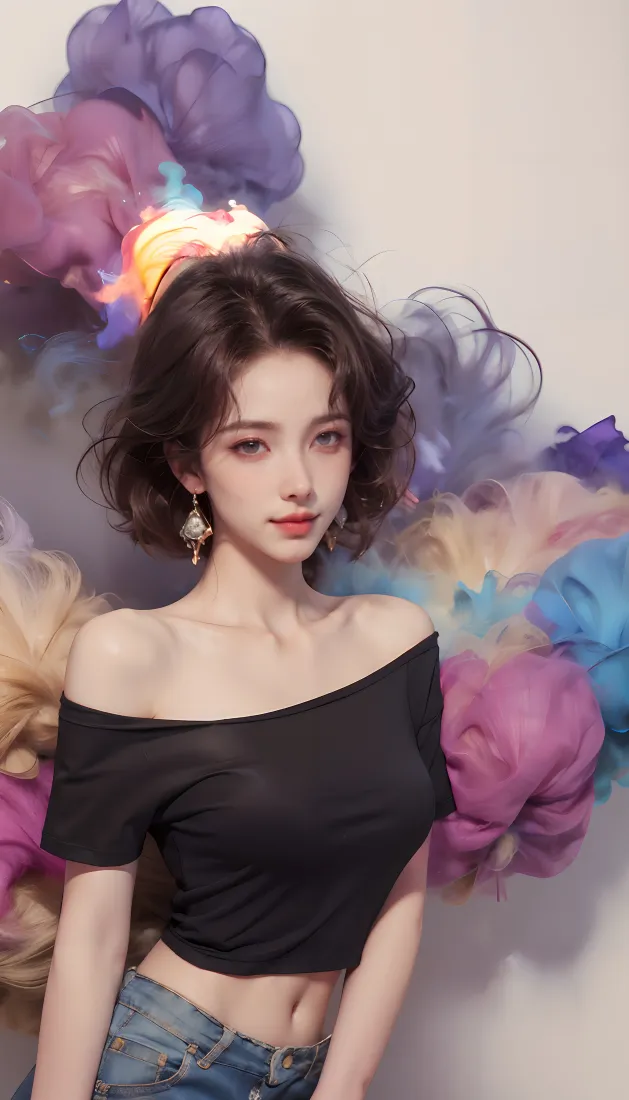 黑衣美女手机壁纸｜彩色云朵背景图片 - 时尚穿搭「哲风壁纸」