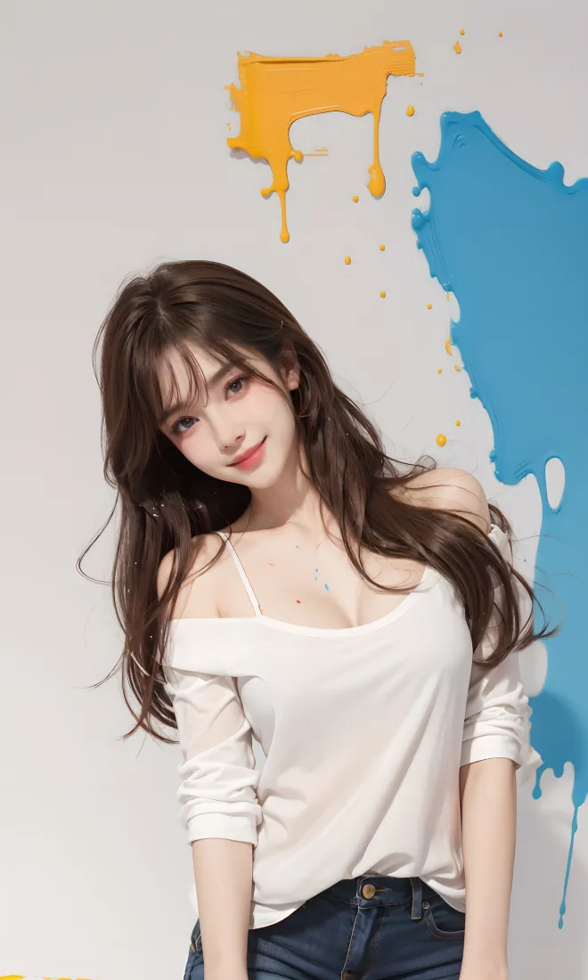 美女手机壁纸｜涂鸦背景图 - 白色上衣牛仔裤「哲风壁纸」