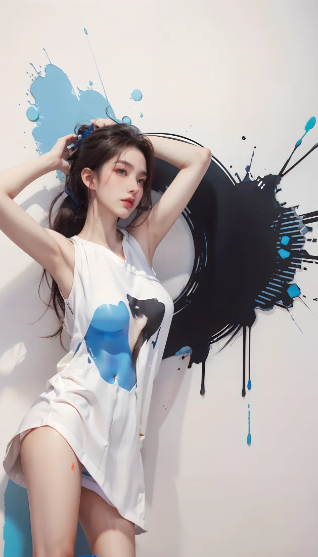 艺术泼墨美女手机壁纸｜泼墨背景图片 - 白色连衣裙「哲风壁纸」