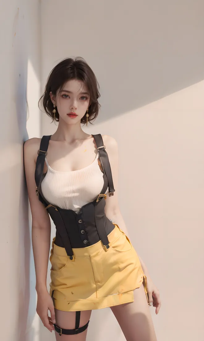 短发美女手机壁纸｜简约墙面背景图片 - 黑色束腰黄色短裙「哲风壁纸」