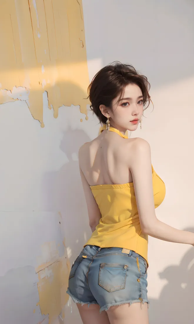 短发美女手机壁纸｜白墙背景图片 - 黄色吊带牛仔短裤「哲风壁纸」