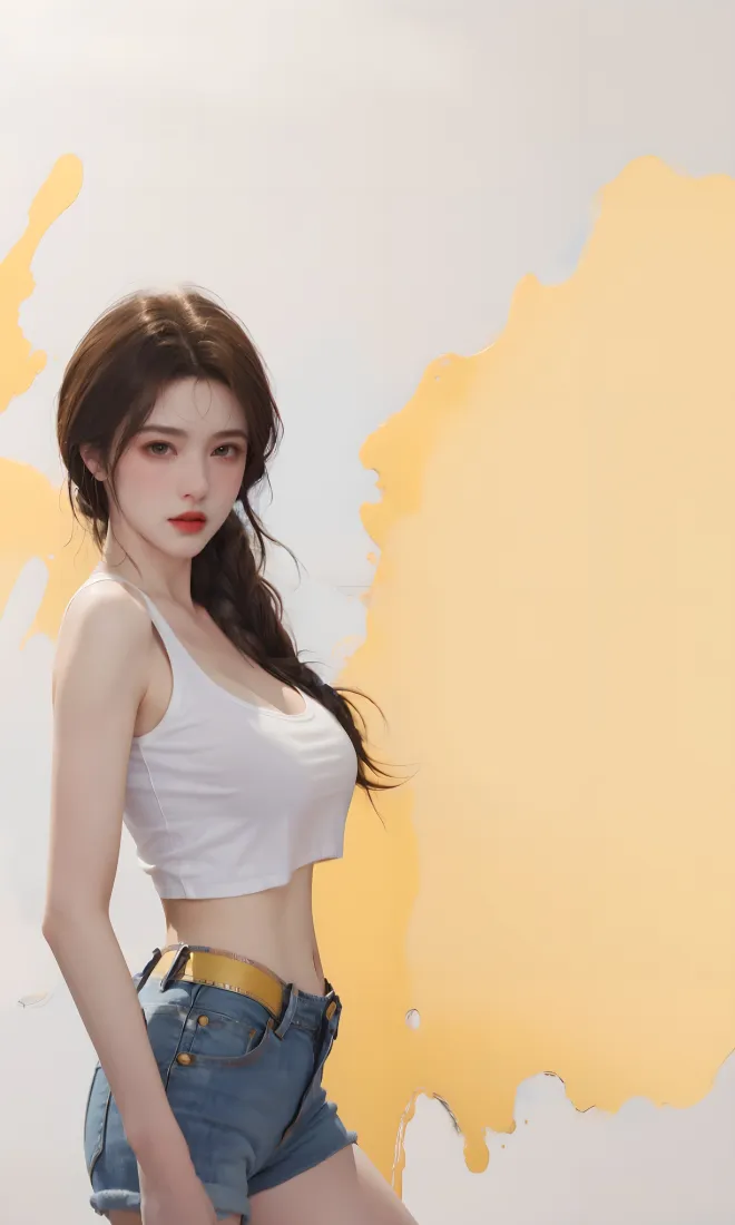 美女手机壁纸｜黄色背景图片 - 牛仔短裤穿搭「哲风壁纸」