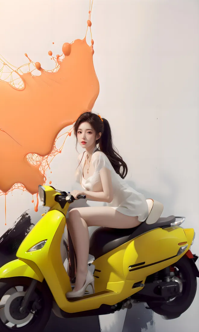 黄色电动车美女手机壁纸｜白色裙装背景图 - 橙色泼墨「哲风壁纸」