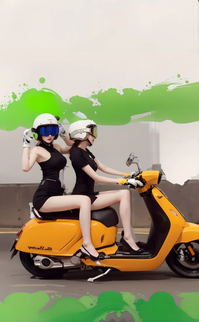 （黄摩托黑衣女手机壁纸｜绿色涂鸦背景图片 - 闺蜜骑行）「哲风壁纸」