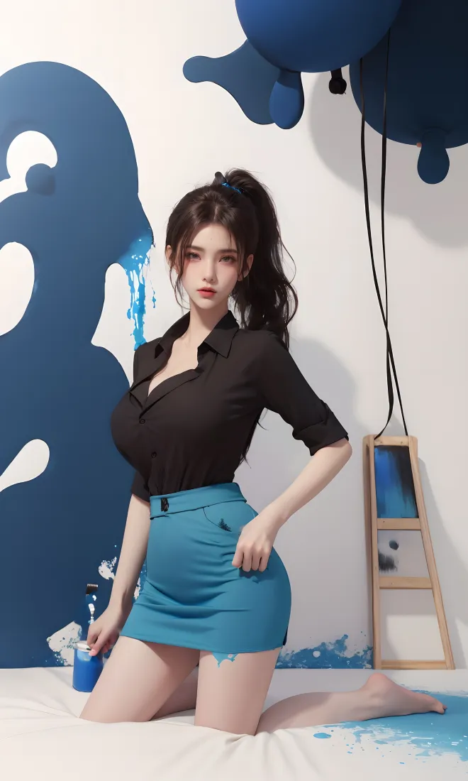 黑衣蓝裙美女手机壁纸｜蓝色涂鸦背景图片 - 艺术「哲风壁纸」