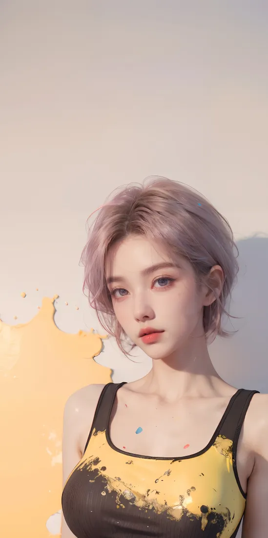 短发女生手机壁纸｜涂鸦背景图片 - 粉紫发色黄黑背心「哲风壁纸」