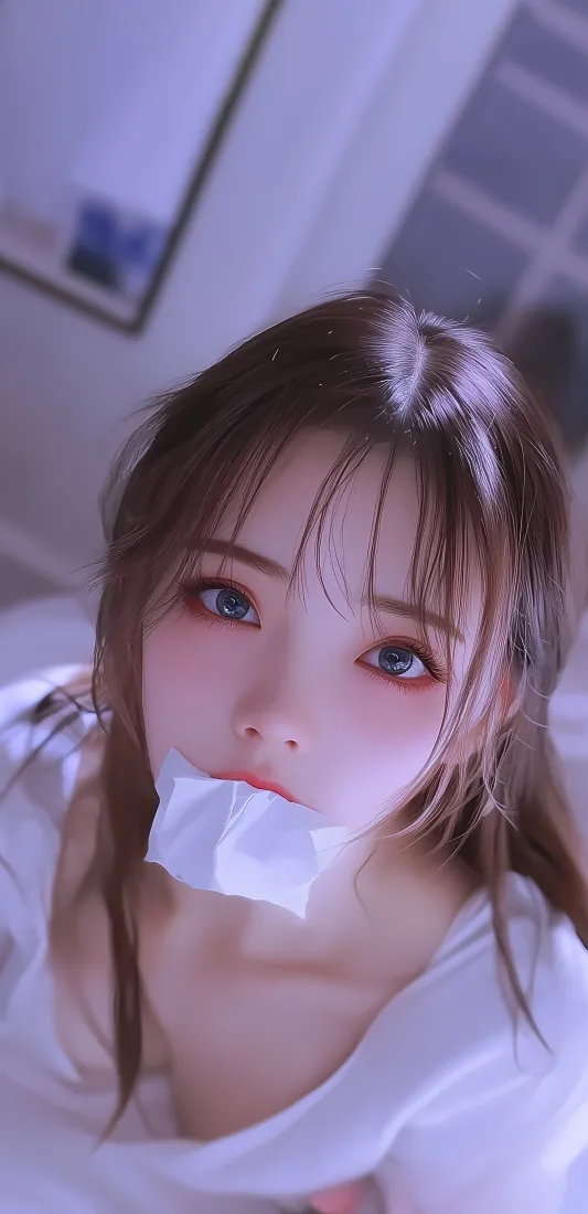 胶带封嘴白衣少女手机壁纸｜室内背景图片 - 精致妆容「哲风壁纸」
