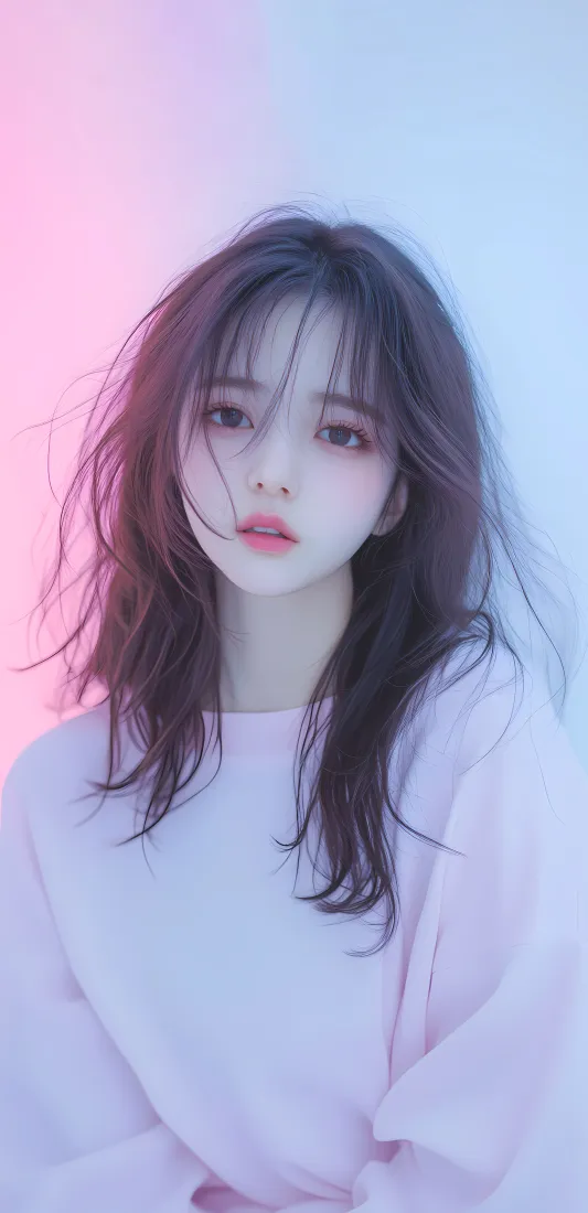 长发美女手机壁纸｜粉紫背景图 - 粉色上衣红唇「哲风壁纸」