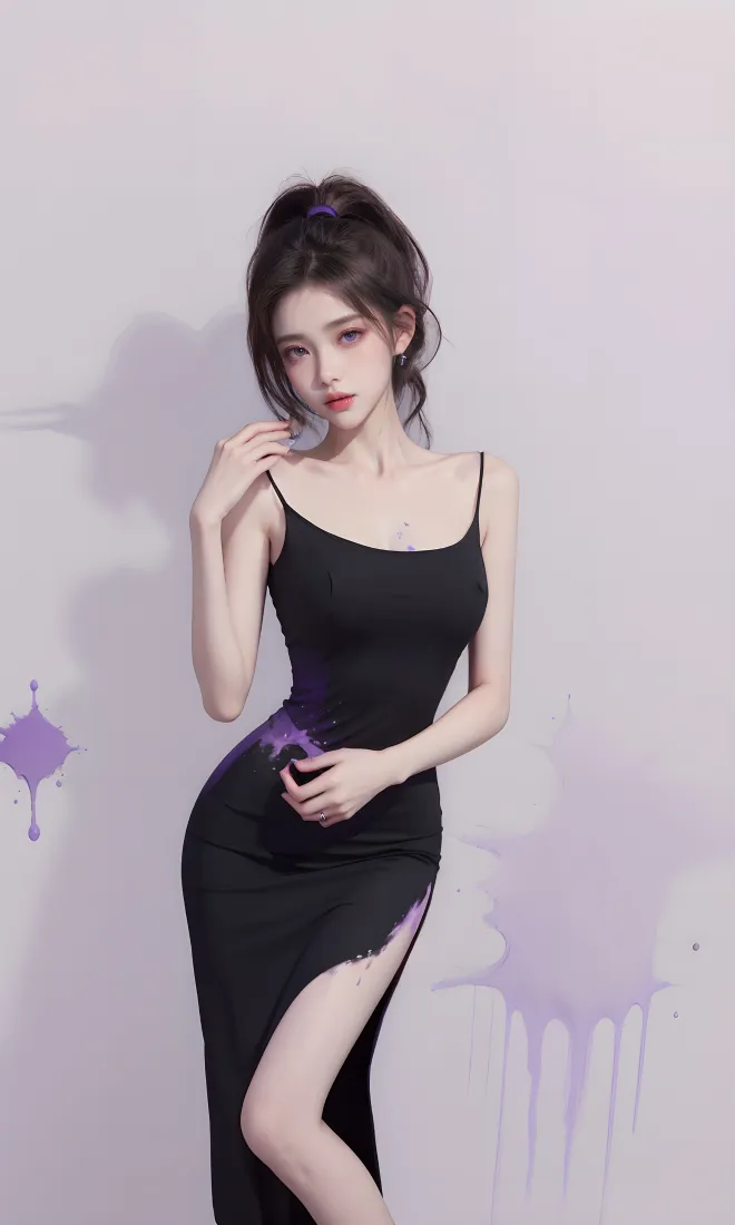 黑衣美女手机壁纸｜紫色墨点背景图片 - 开叉裙「哲风壁纸」