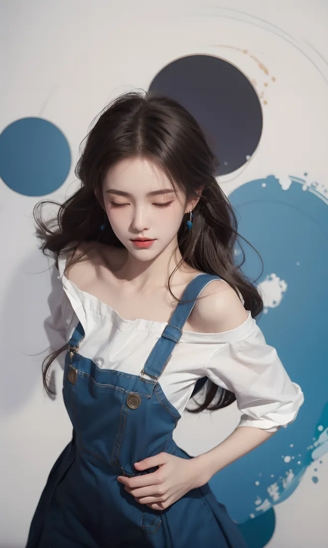 时尚女性手机壁纸｜蓝色背景图片 - 背带裙穿搭「哲风壁纸」