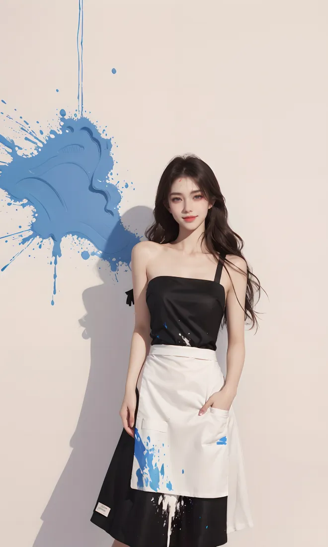 时尚女性手机壁纸｜蓝色泼墨背景图片 - 黑白裙装「哲风壁纸」