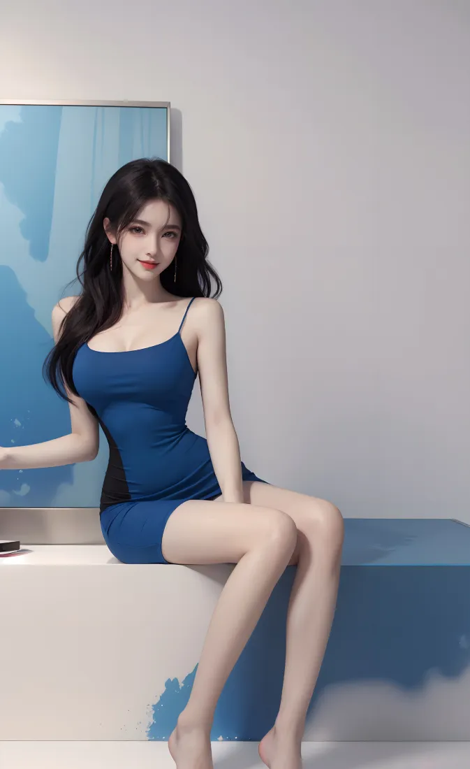 蓝衣美女手机壁纸｜蓝色背景图片 - 优雅坐姿「哲风壁纸」