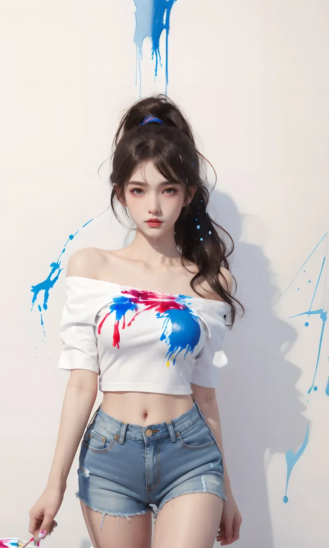 时尚美女手机壁纸｜泼墨艺术背景图片 - 牛仔短裤「哲风壁纸」