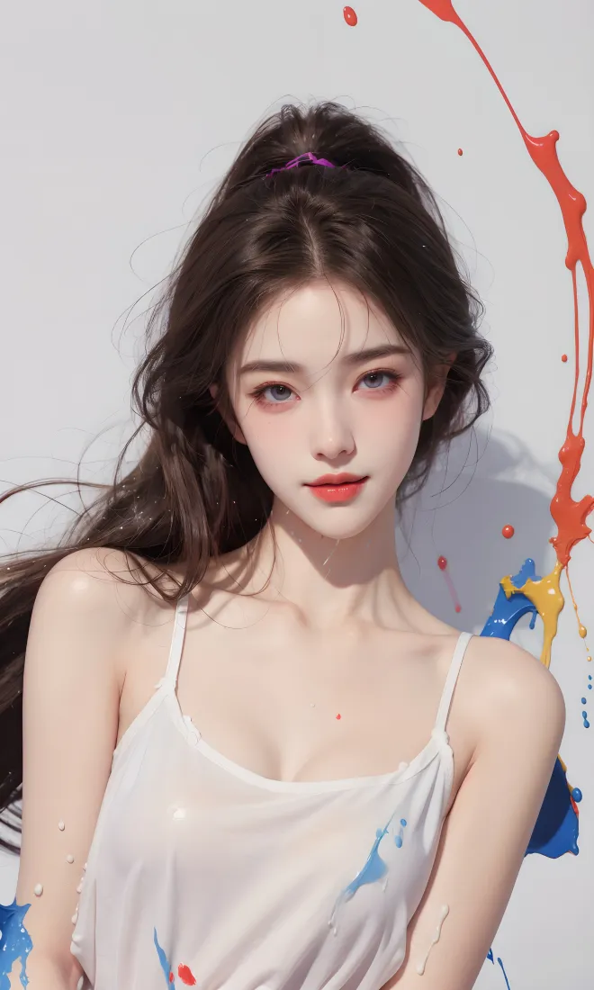 白衣美女手机壁纸｜彩色泼墨背景图片 - 艺术感「哲风壁纸」