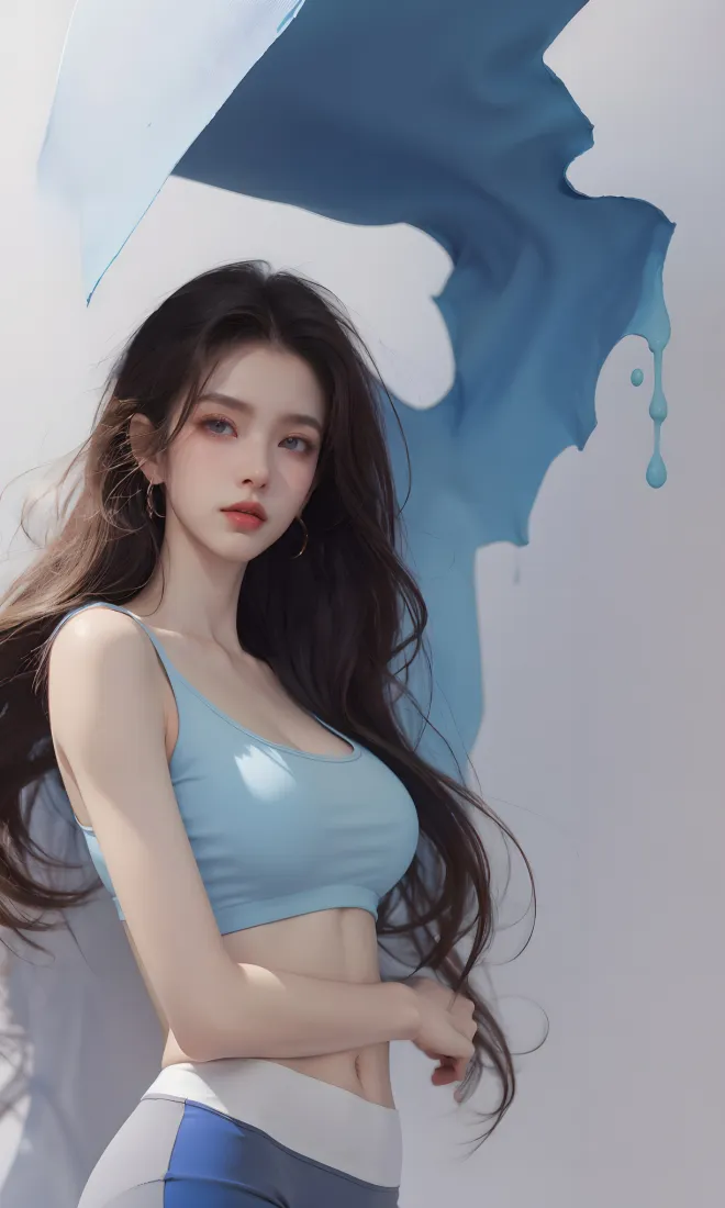 长发美女手机壁纸｜蓝色涂鸦背景 - 运动裤穿搭「哲风壁纸」