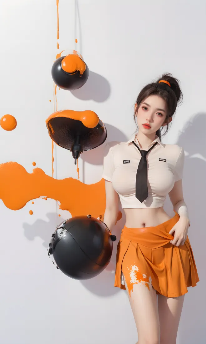 元气少女手机壁纸｜艺术背景图片 - 橙色短裙穿搭「哲风壁纸」