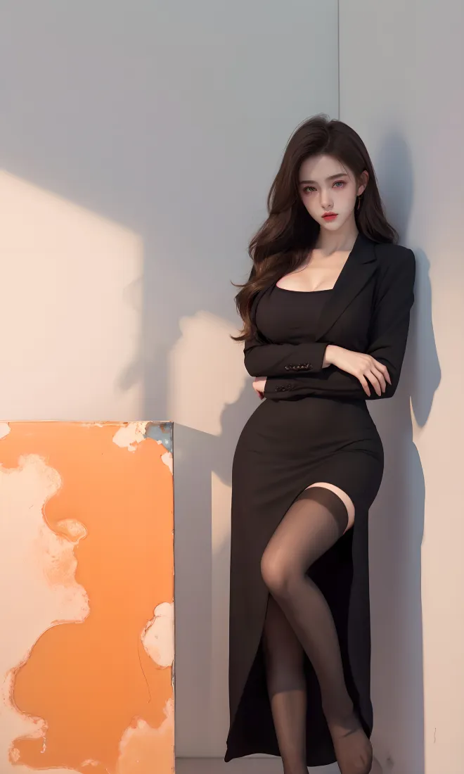 黑衣美女手机壁纸｜室内背景图片 - 黑丝高开叉裙「哲风壁纸」