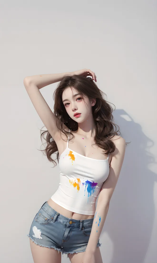 卷发美女手机壁纸｜灰色墙面背景图片 - 白色抹胸牛仔短裤「哲风壁纸」