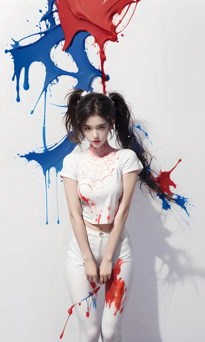 双马尾女生手机壁纸｜红蓝泼墨背景 - 白色穿搭「哲风壁纸」