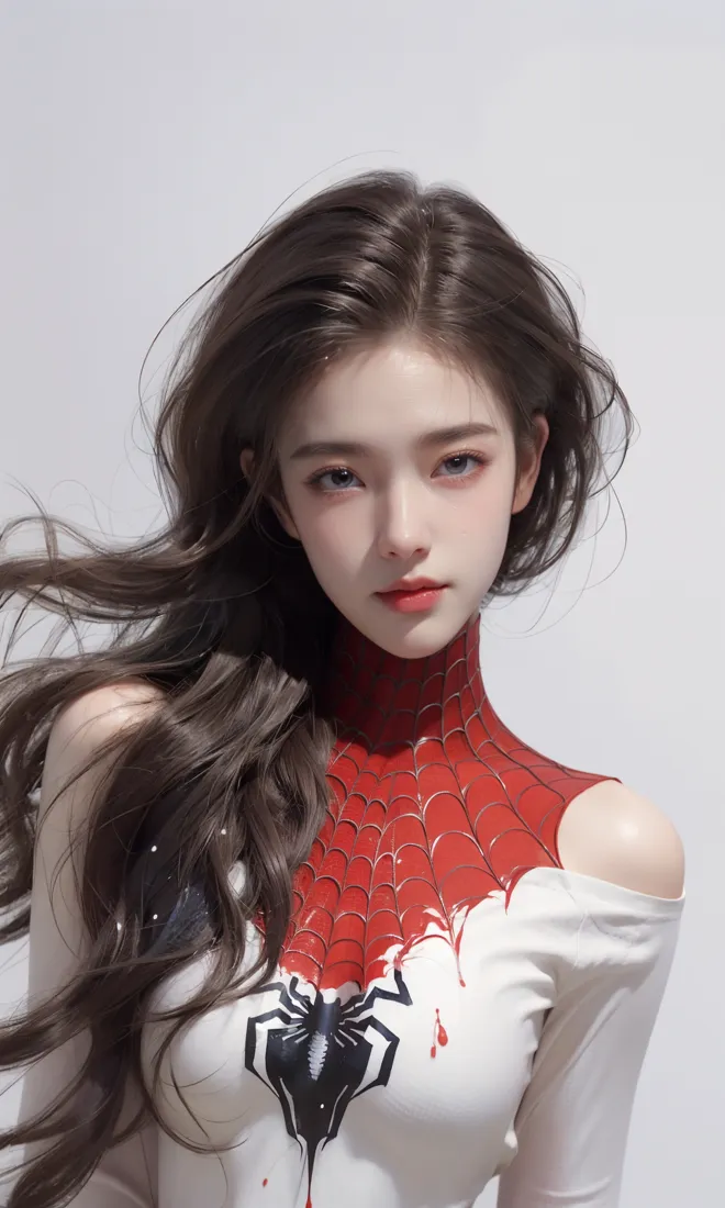 长发美女手机壁纸｜浅灰背景图片 - 蜘蛛图案服装「哲风壁纸」