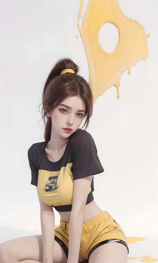 马尾辫女生手机壁纸｜黄黑短袖背景图片 - 黄色泼墨「哲风壁纸」