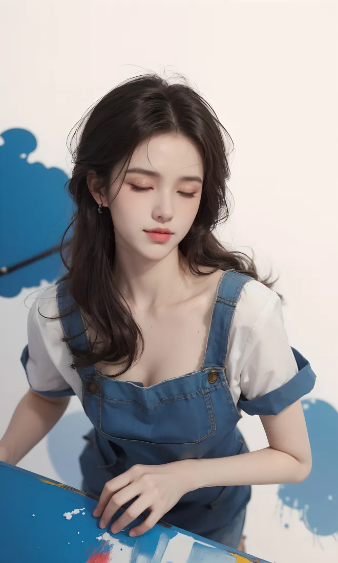 蓝白裙美女手机壁纸｜艺术背景图 - 温柔闭眼「哲风壁纸」