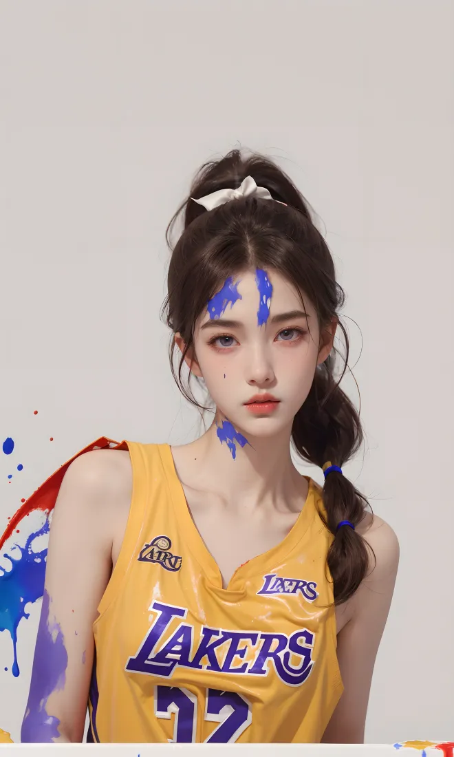 湖人77号球衣女生手机壁纸｜艺术涂鸦背景 - 蓝色颜料「哲风壁纸」
