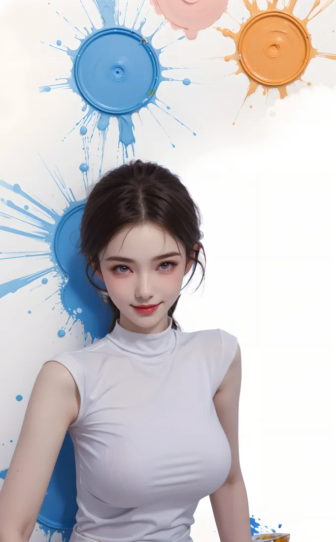 美女手机壁纸｜艺术背景图片 - 彩色泼墨浅灰衣「哲风壁纸」