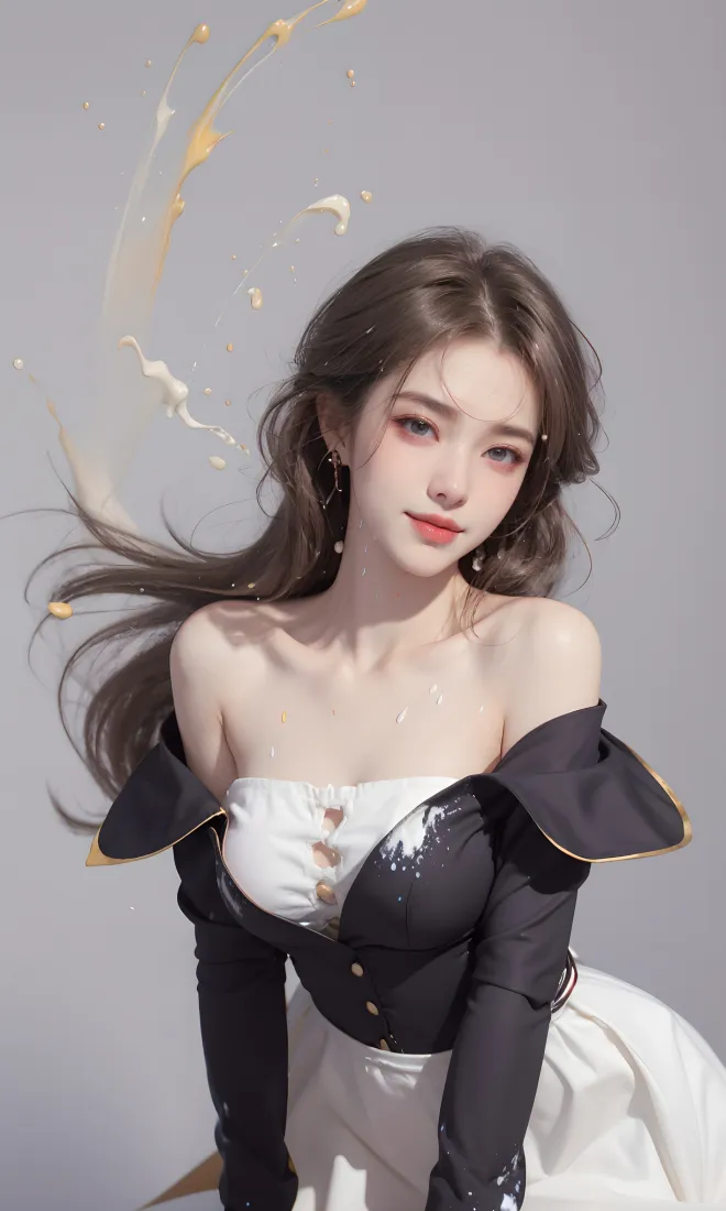 美女手机壁纸｜灰色背景图 - 黑白露肩装美女「哲风壁纸」