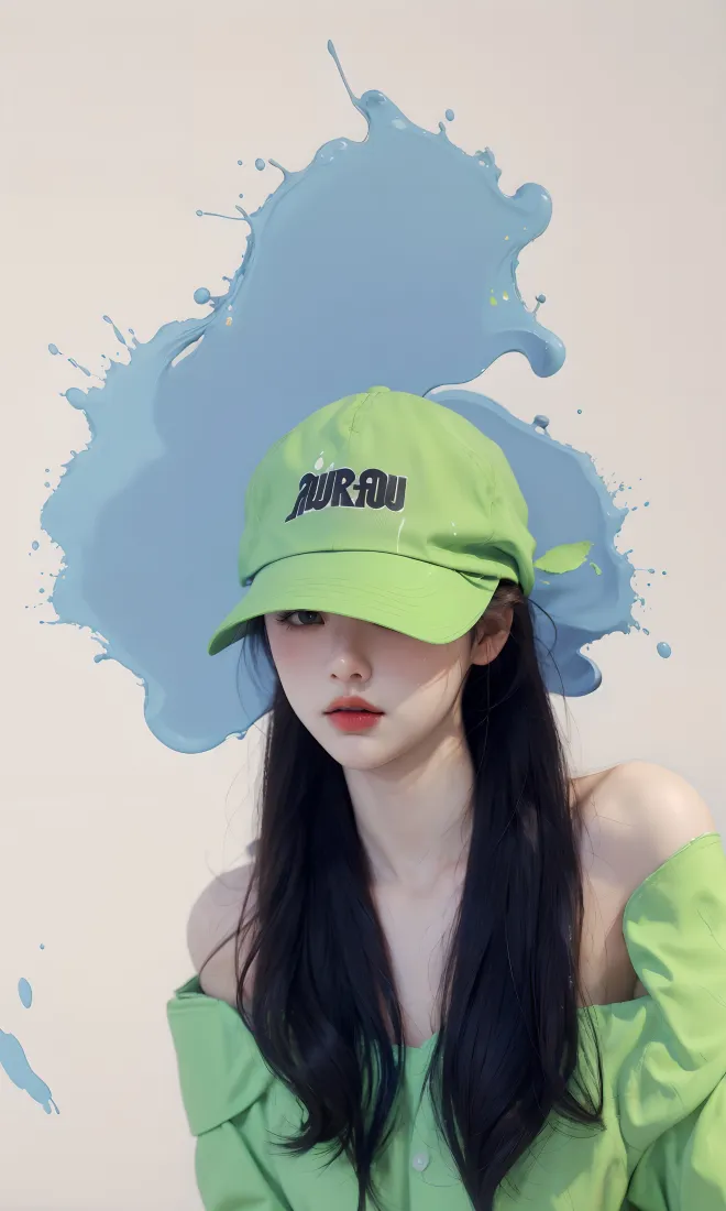 绿衣女生手机壁纸｜蓝色泼墨背景图片 - 时尚穿搭「哲风壁纸」