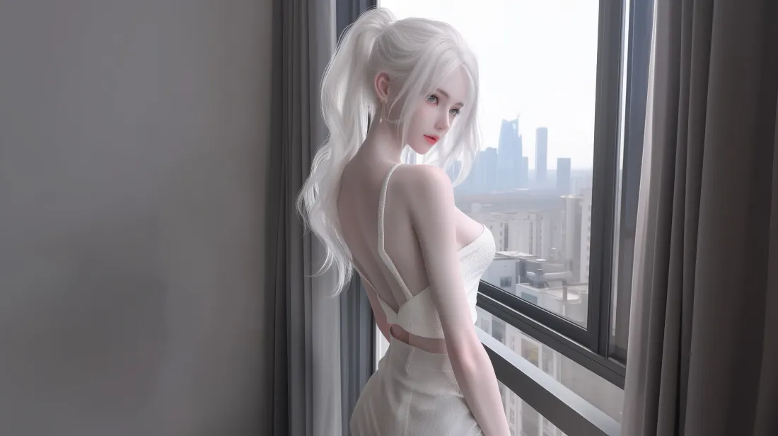 4k白发女性壁纸｜窗边背景图片 - 城市景观裙装「哲风壁纸」