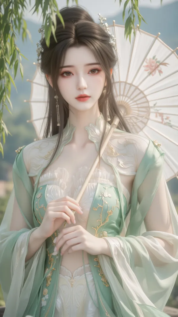 古风女子手机壁纸｜古装背景图 - 油纸伞绿衣柳树「哲风壁纸」