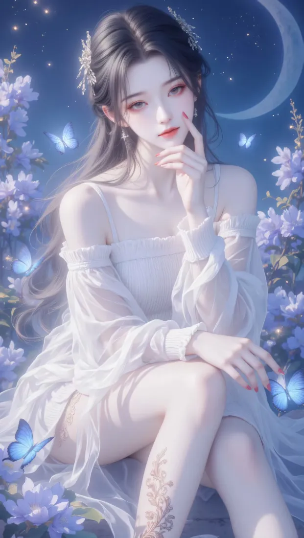 古风美女手机壁纸｜紫色花蝶背景 - 白色纱裙「哲风壁纸」