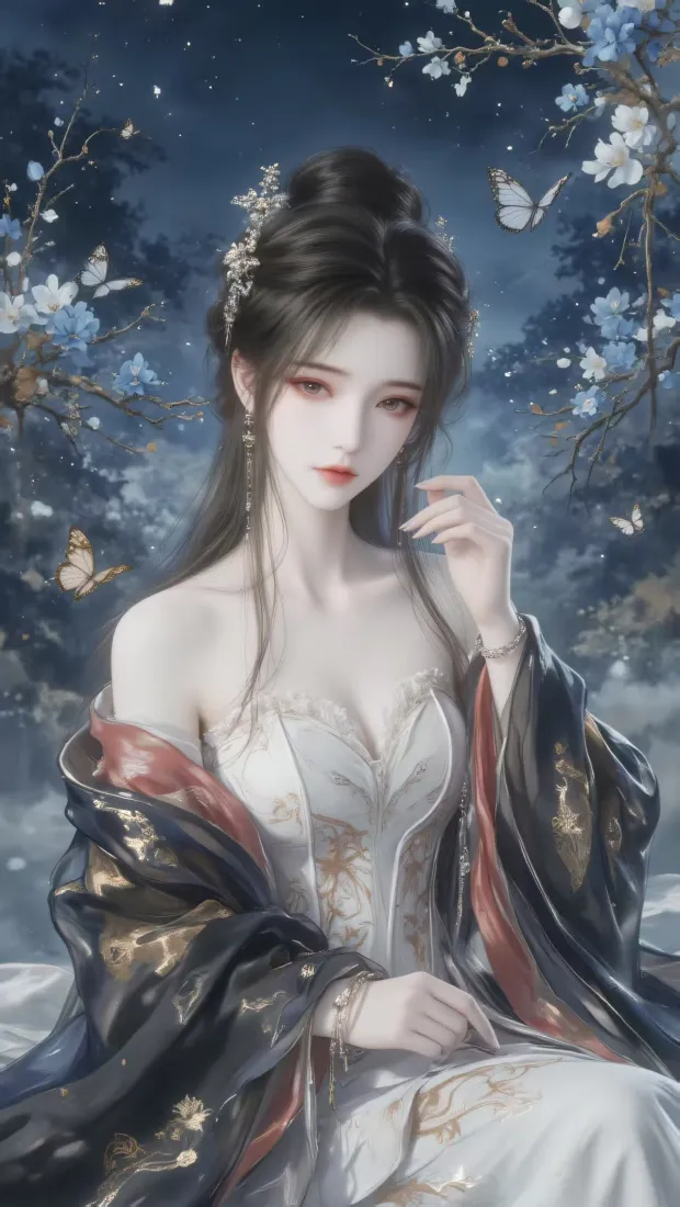古风美女手机壁纸｜夜色背景图片 - 汉服蝴蝶「哲风壁纸」