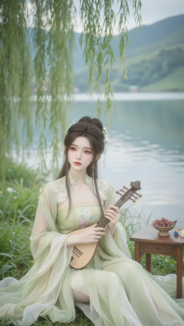 古风女子手机壁纸｜湖畔背景图 - 琵琶汉服绿植「哲风壁纸」