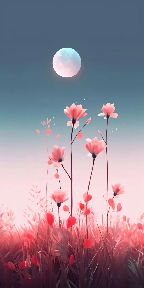 粉色花朵手机壁纸｜月夜背景图片 - 渐变景深「哲风壁纸」