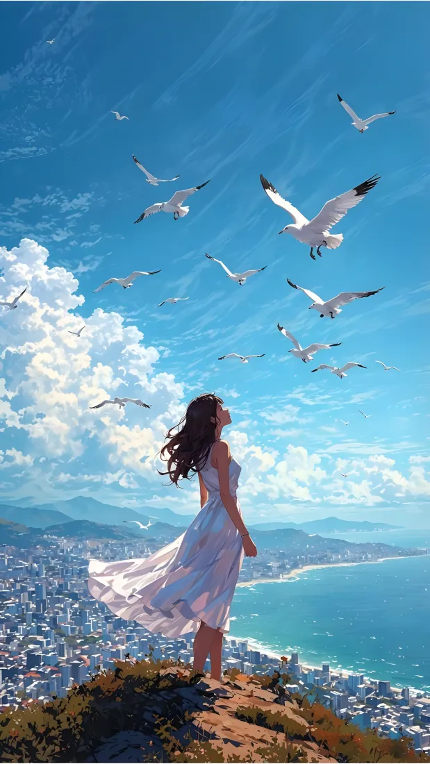 白衣女孩手机壁纸｜海景背景图片 - 城市大海海鸥蓝天「哲风壁纸」