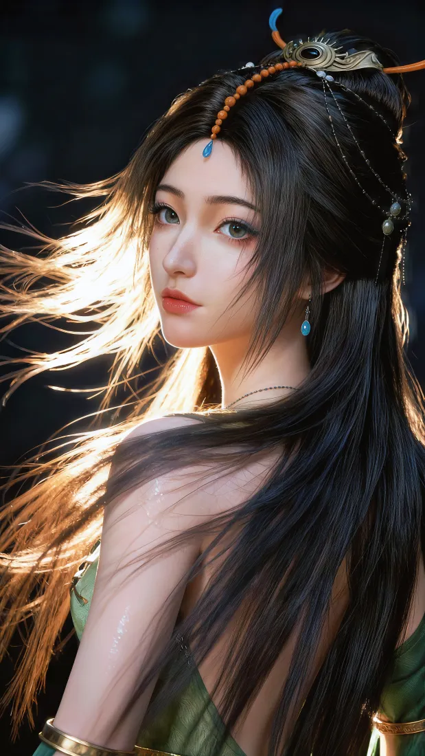 古风美女手机壁纸｜绿色服饰背景图片 - 飘逸发丝「哲风壁纸」