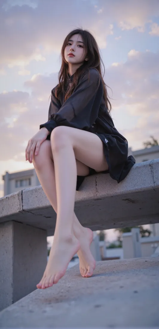 黑衣美女手机壁纸｜户外背景图片 - 赤脚 黄昏 天空「哲风壁纸」